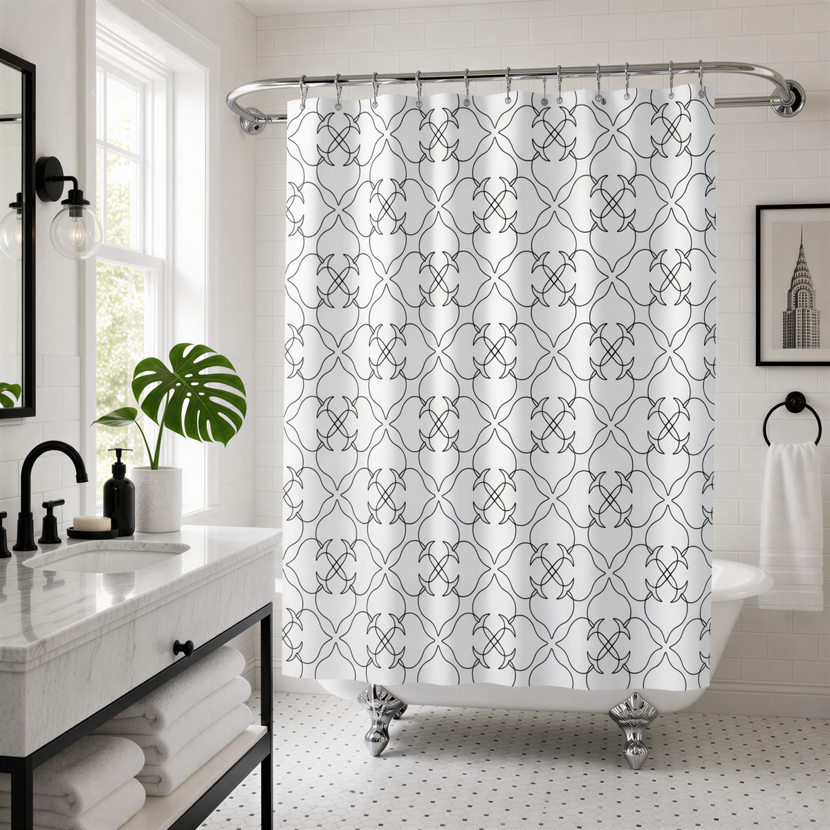 a modern bathroom with a white and black patterned shower curtain, a white sink with a black faucet, and a large mirror above the sink.