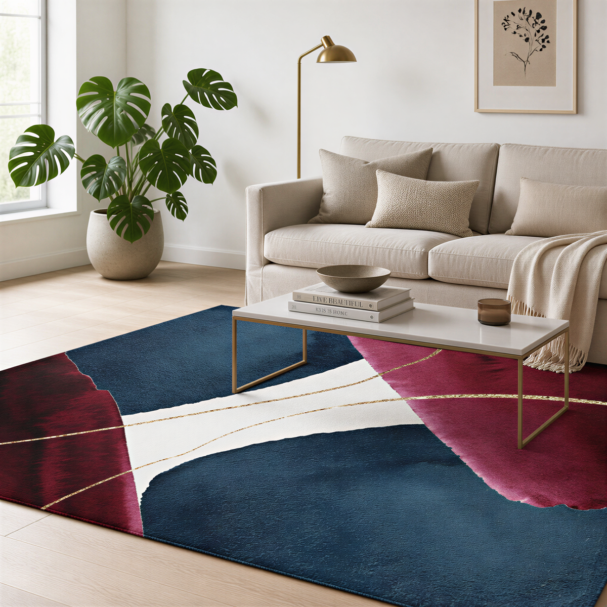 a modern living room with a large green plant, a white sofa, a blue and red abstract rug, and a gold floor lamp.