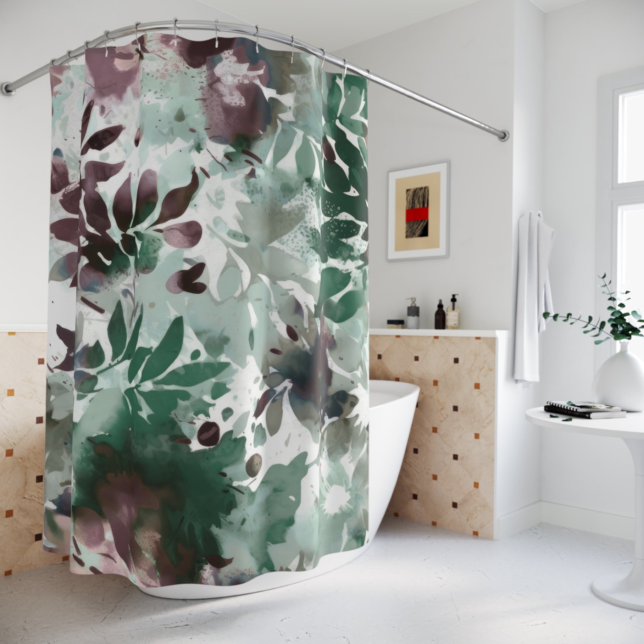 Boho Shower Curtain | Sage Green White Mauve Leaves, Colorful Floral Watercolor