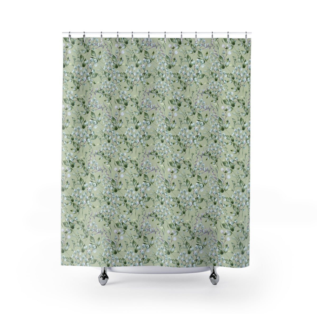 A shower curtain with a repeating pattern of green leaves and flowers, creating a natural and serene design.