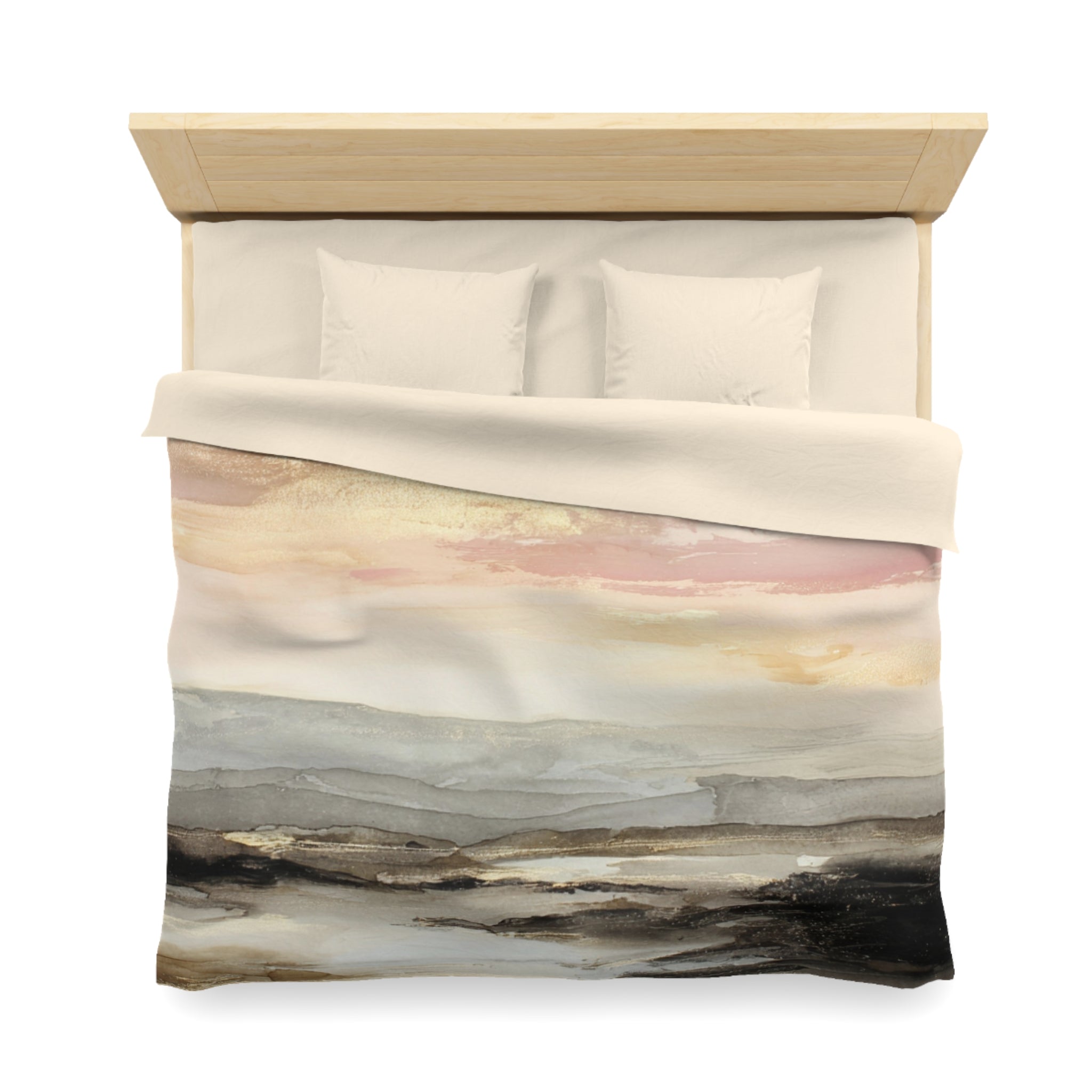 a neatly made bed with a colorful, abstract painting-like design on the comforter.