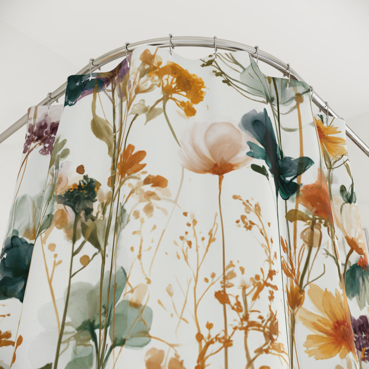Teal Mustard Wildflower Meadow Shower Curtain, Bath Curtain 71x74
