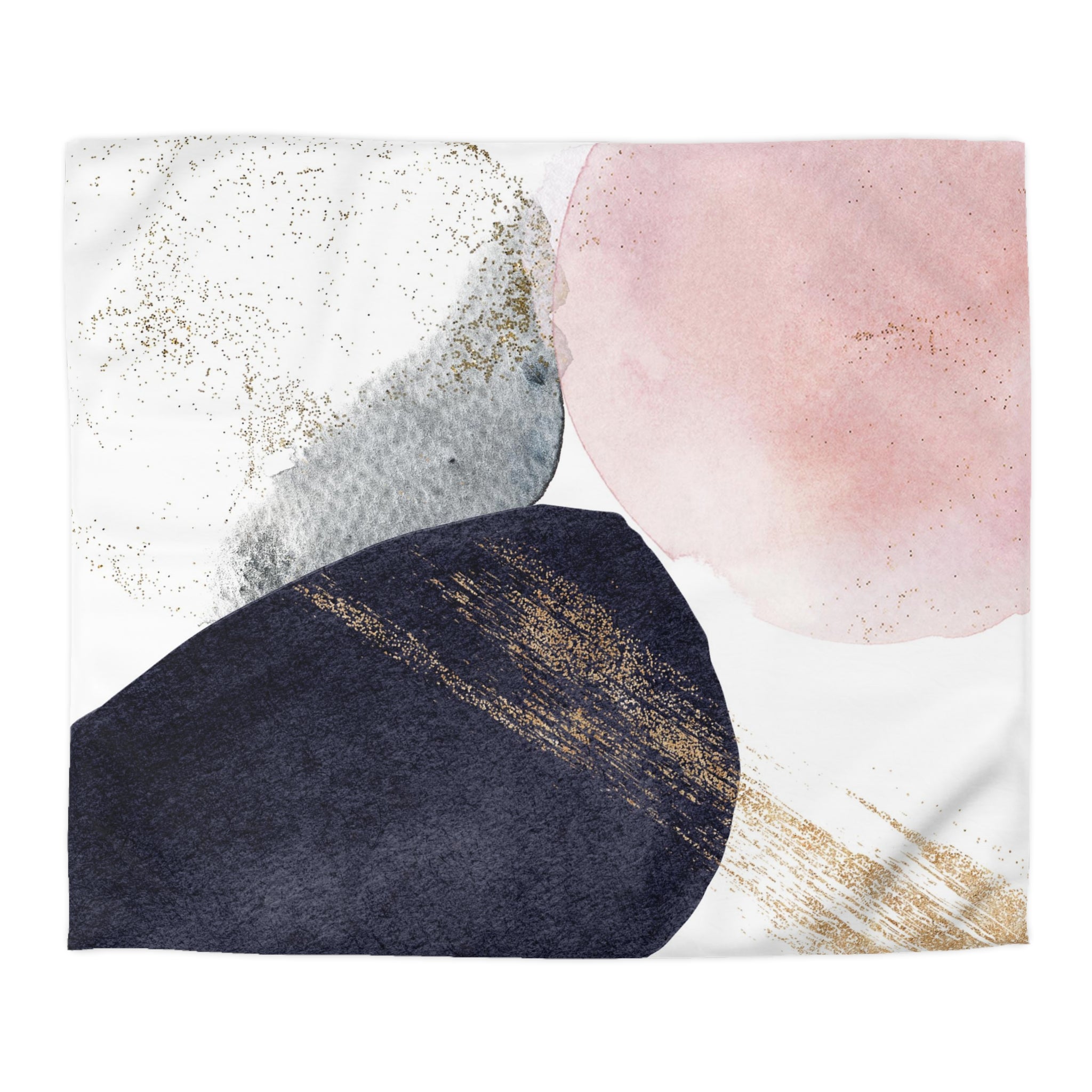 The image is a square with abstract watercolor-like shapes in various colors, including pink, blue, and black, along with gold glitter accents.