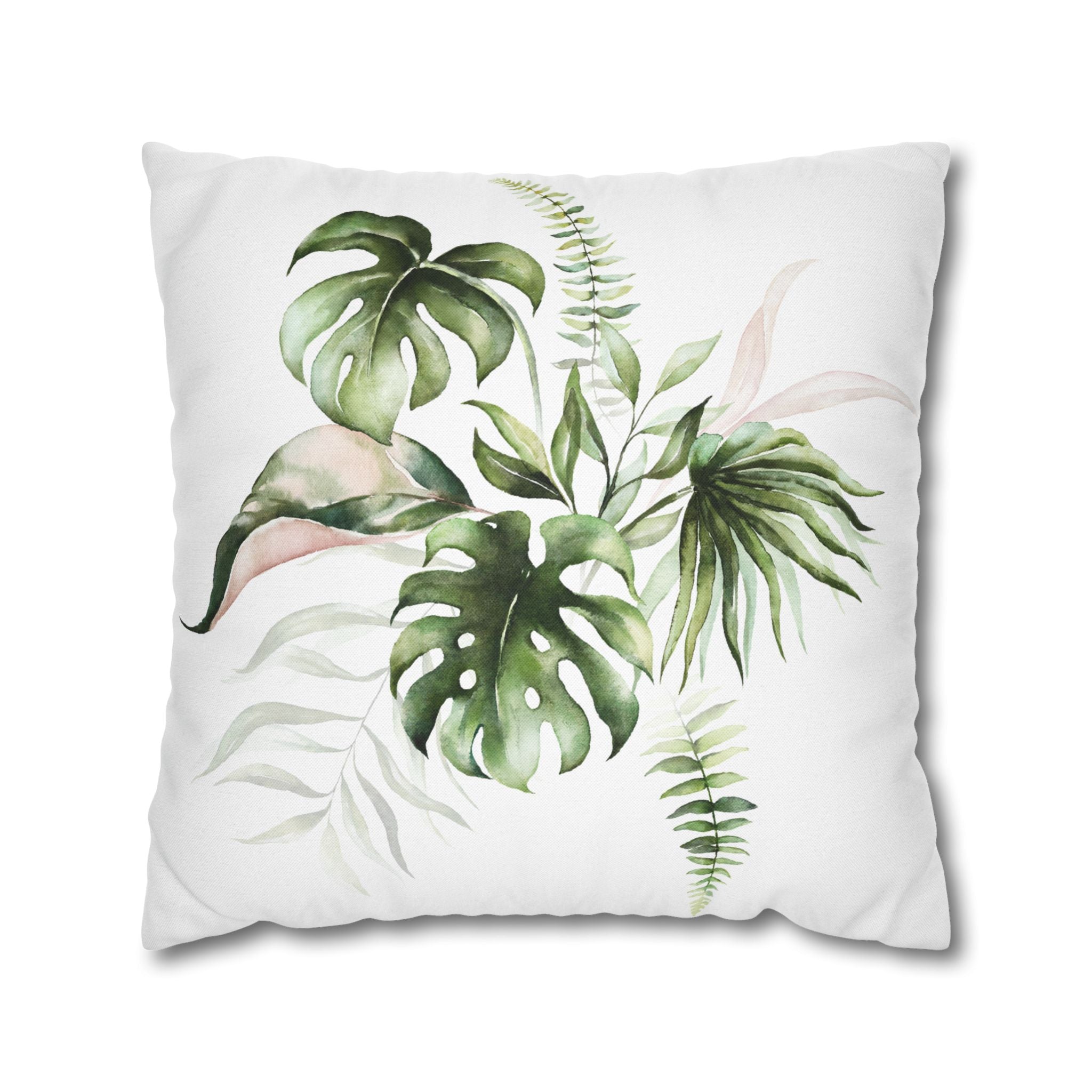 Floral Pillow Cover | White Green Monstera Tropical Leaves