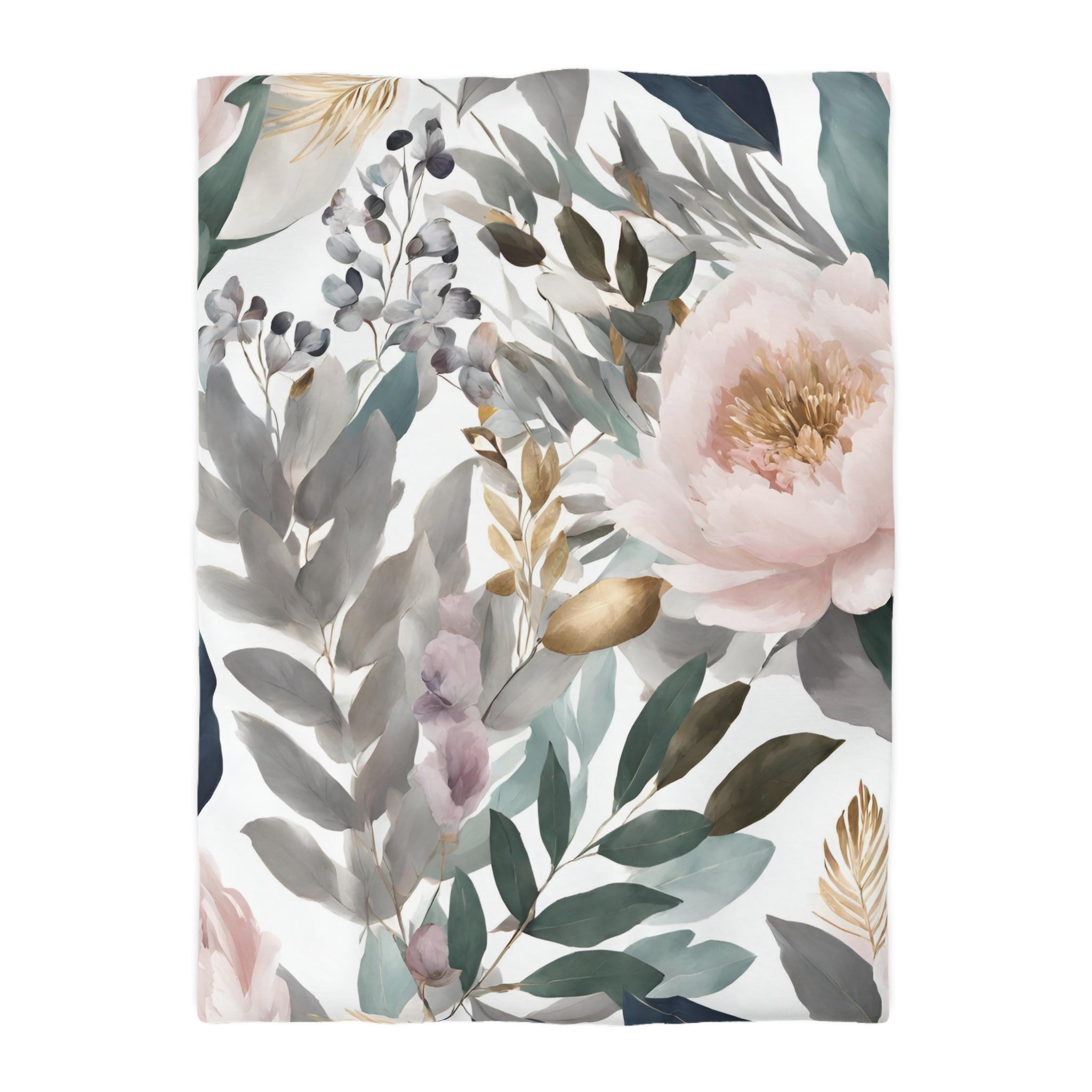 a floral pattern with a variety of flowers and leaves in shades of pink, green, and gray.
