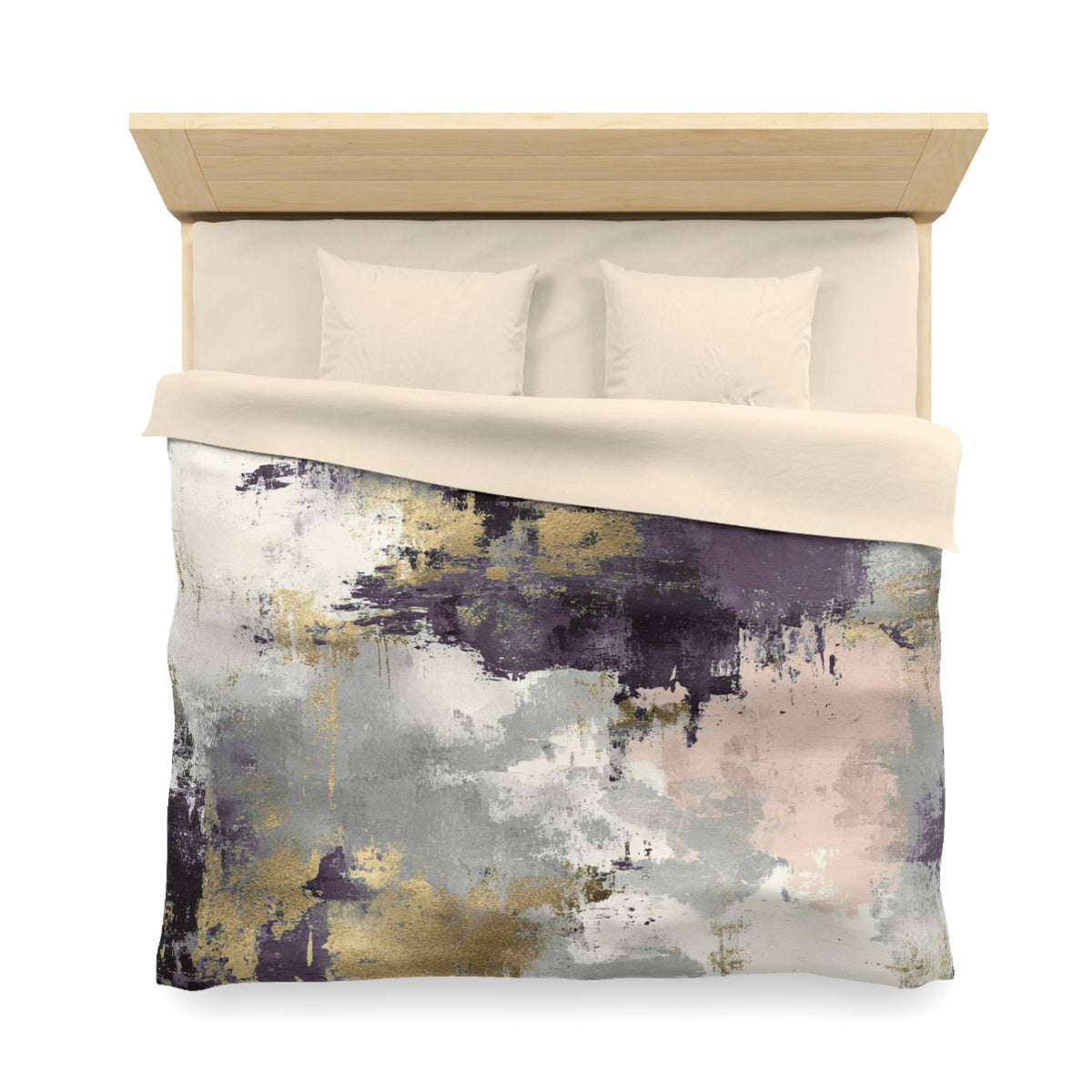 a bed with a wooden headboard and a colorful abstract patterned comforter.