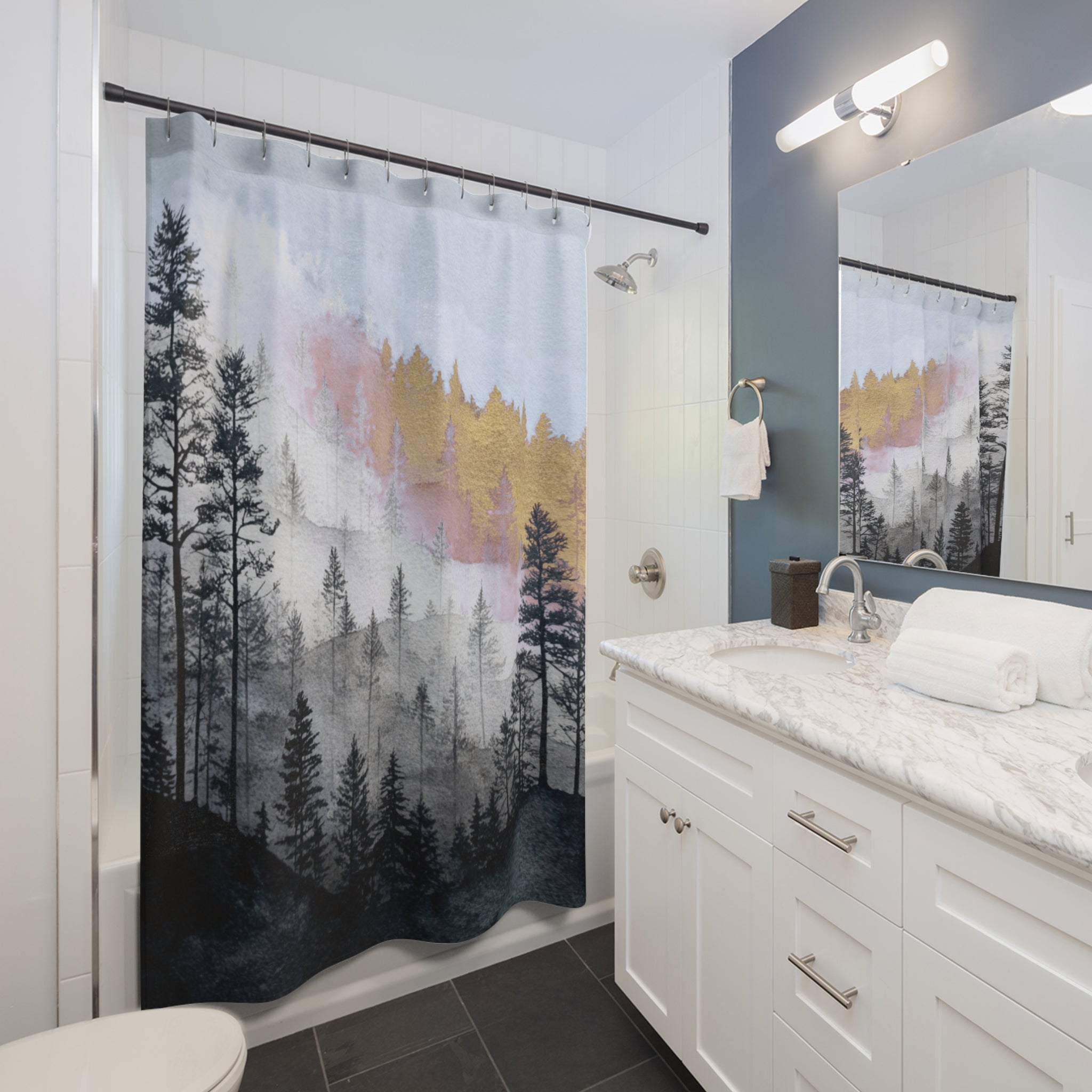 Moody Forest Shower Curtain | Misty Pine Tree Bathroom Decor