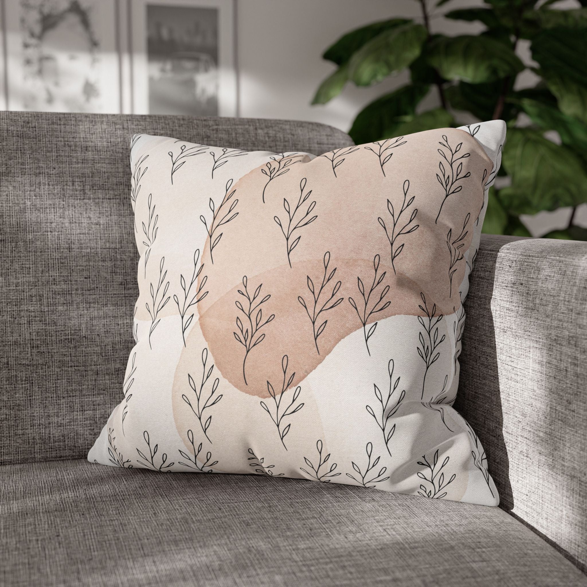 Boho Throw Pillow Cover; Blush Beige Hygge Leaves Couch Cushion