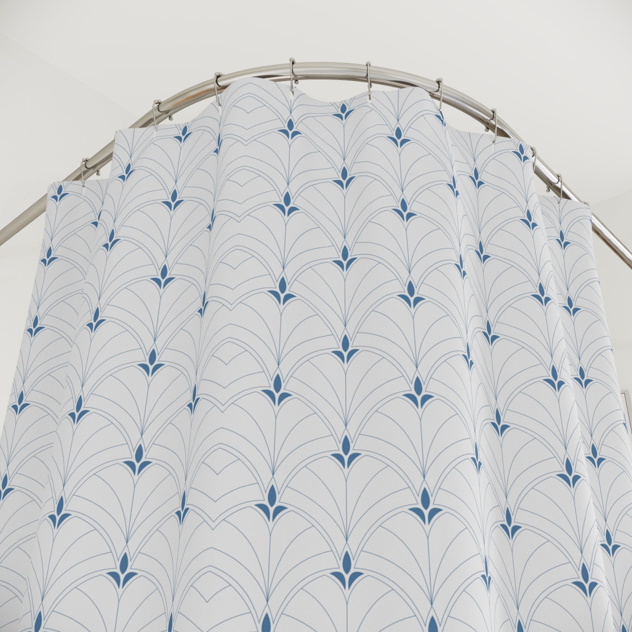 Boho Shower Curtain | Retro White Blue Art Deco, Nouveau