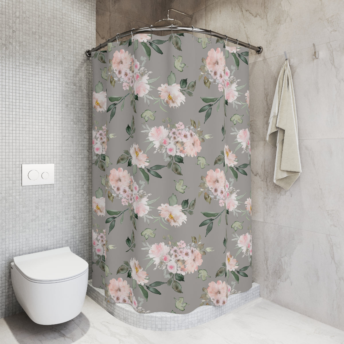 Blush Grey Watercolor Peony Shower Curtain, Bath Curtain 71x74