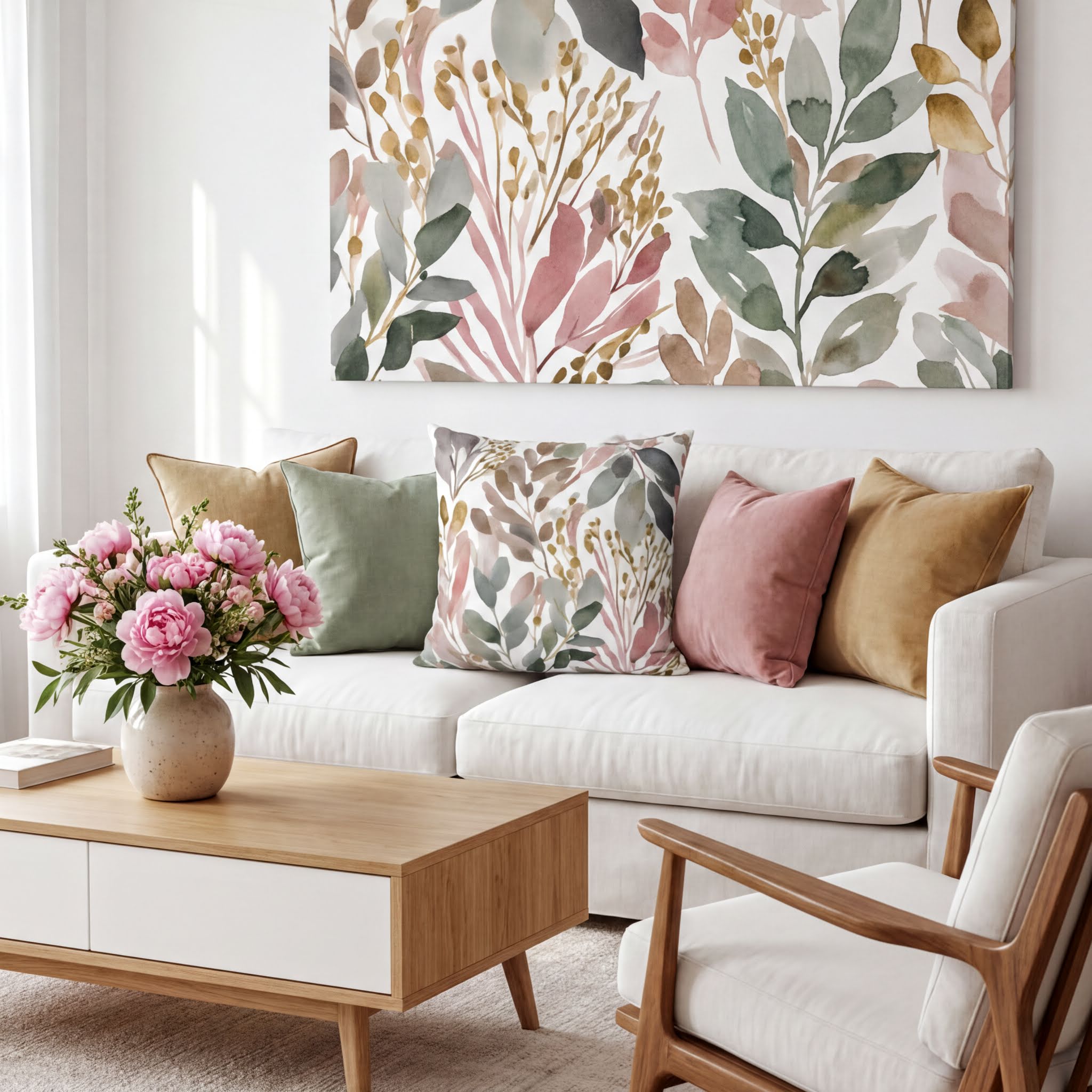 a cozy living room with a white sofa adorned with colorful throw pillows, a wooden coffee table, and a vase of pink flowers. The room is decorated with a large floral print on the wall and a wooden chair in the foreground.