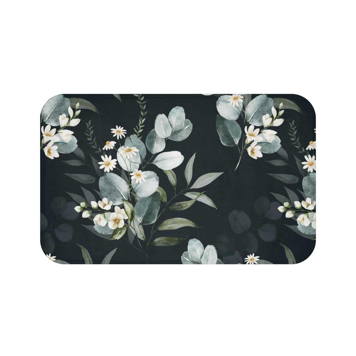a black background with a repeating floral pattern of white flowers and green leaves.