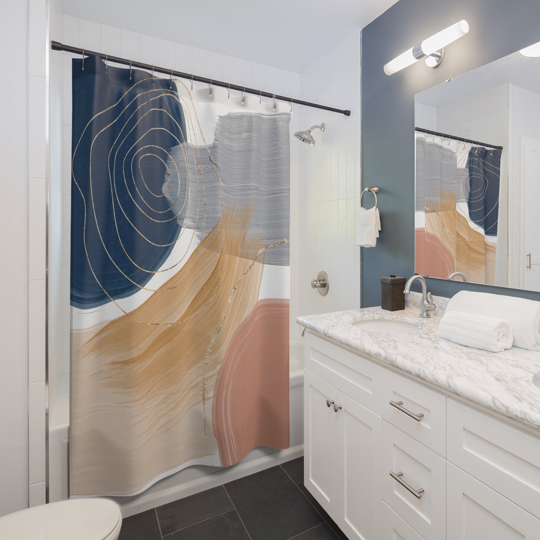 Abstract Shower Curtain | Navy Blue, Grey Beige