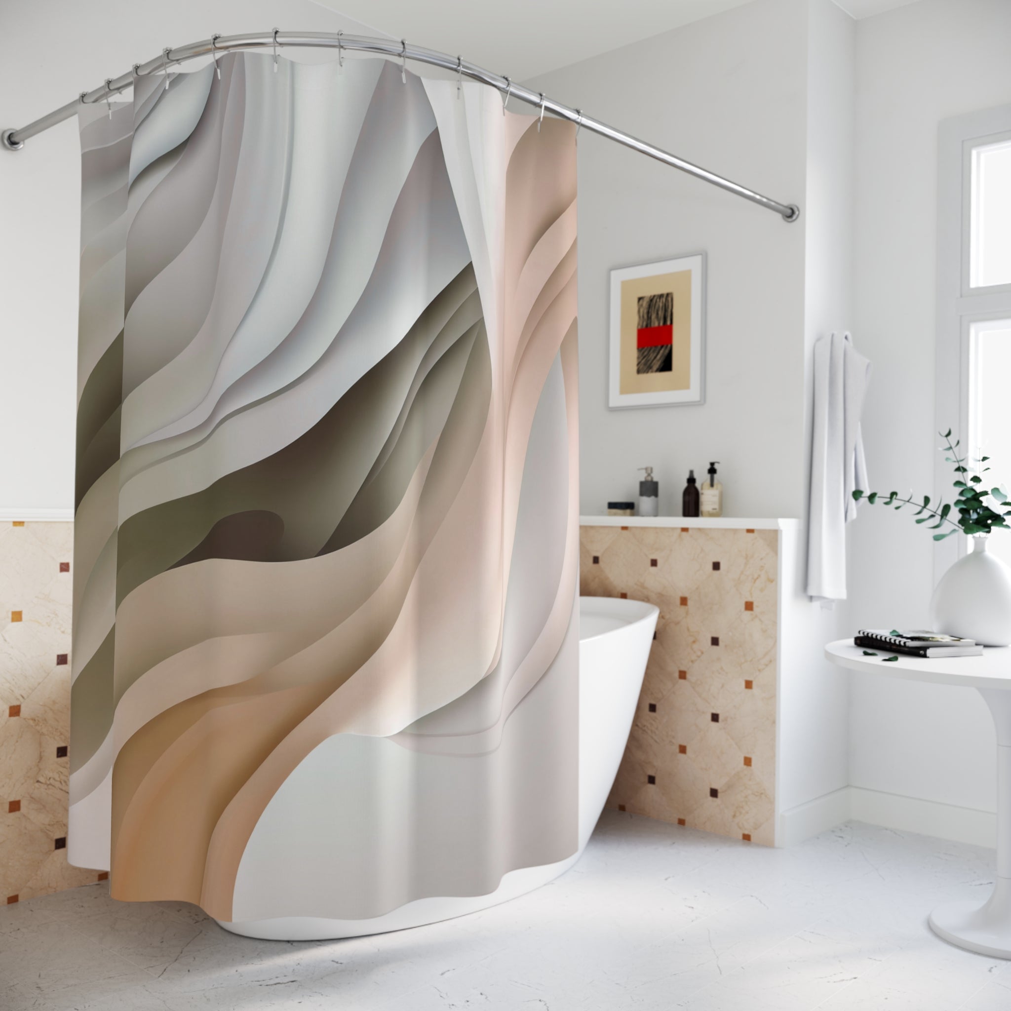 Boho Shower Curtain | Olive Green Beige Ombre White Watercolor