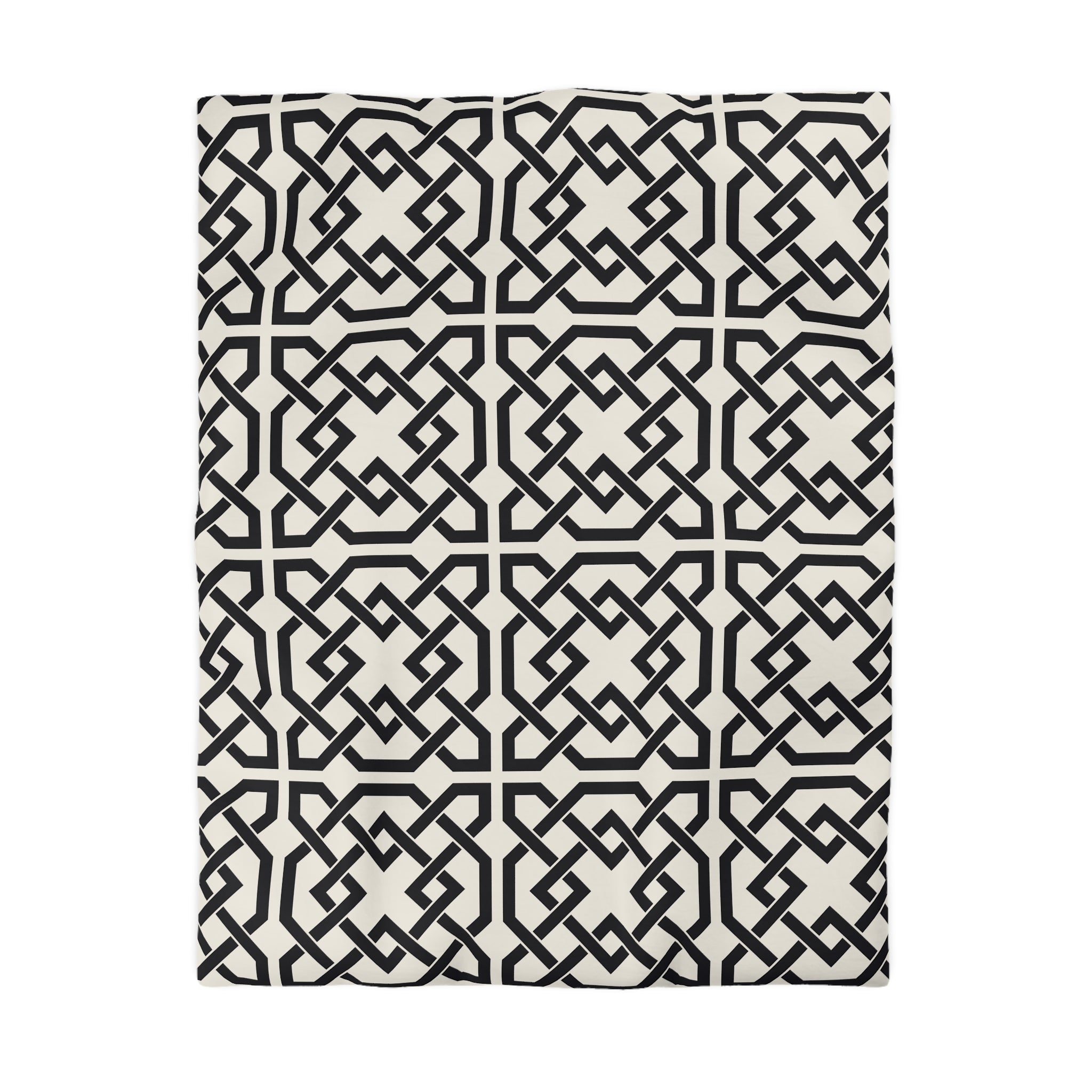 a repeating geometric pattern of interlocking black and white shapes, creating a visually striking and symmetrical design.