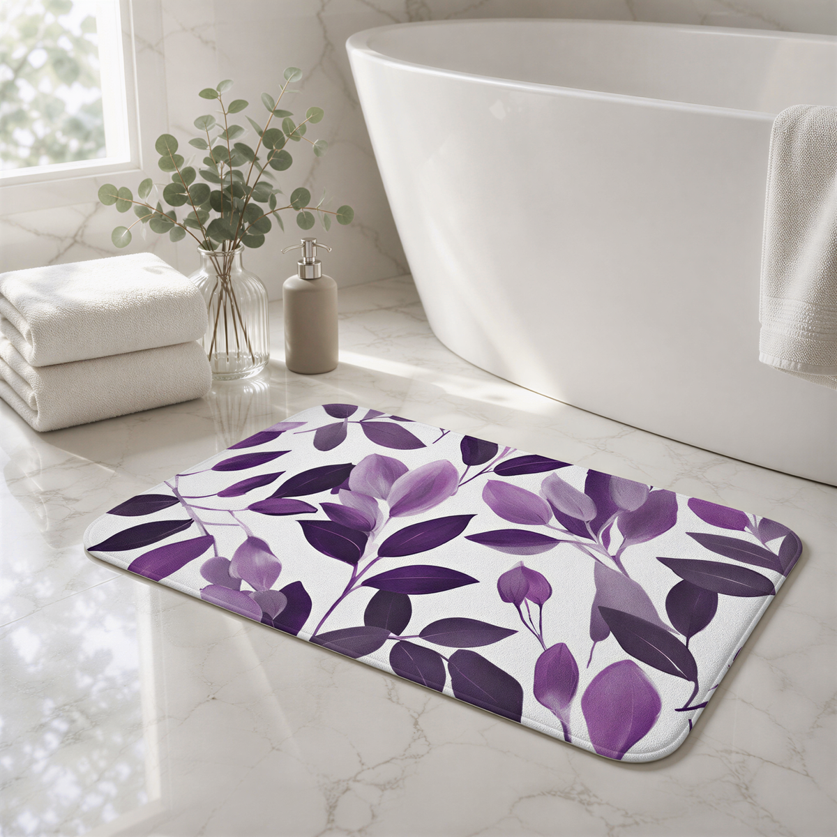 a bathroom with a white bathtub, a decorative rug with purple leaves, and a vase of greenery on the counter.