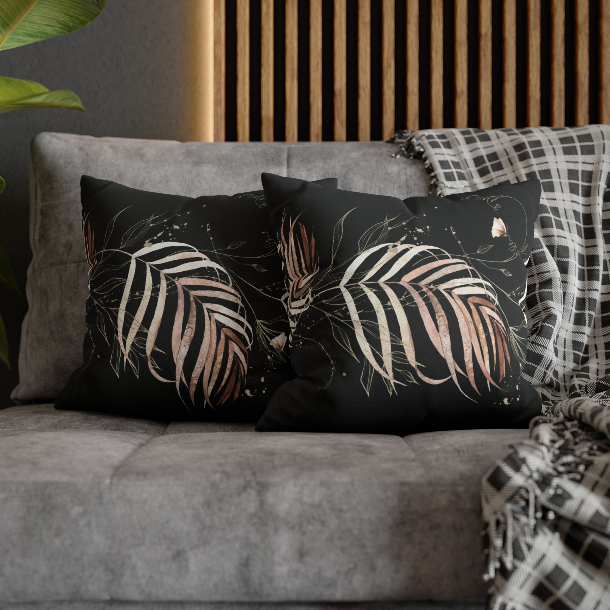 Black Floral Pillow Cover | Beige Leaves