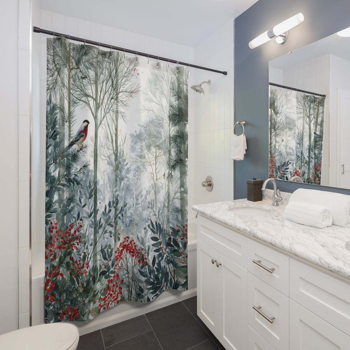 Green Teal Forest Bird Shower Curtain, Bath Curtain 71x74