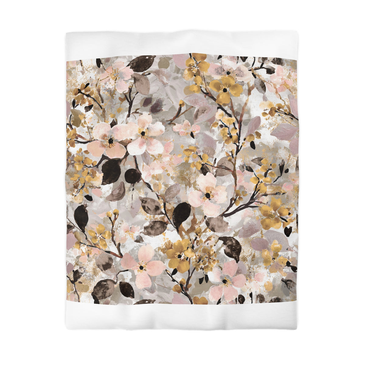 a floral pattern with various shades of pink, yellow, and brown flowers and leaves.