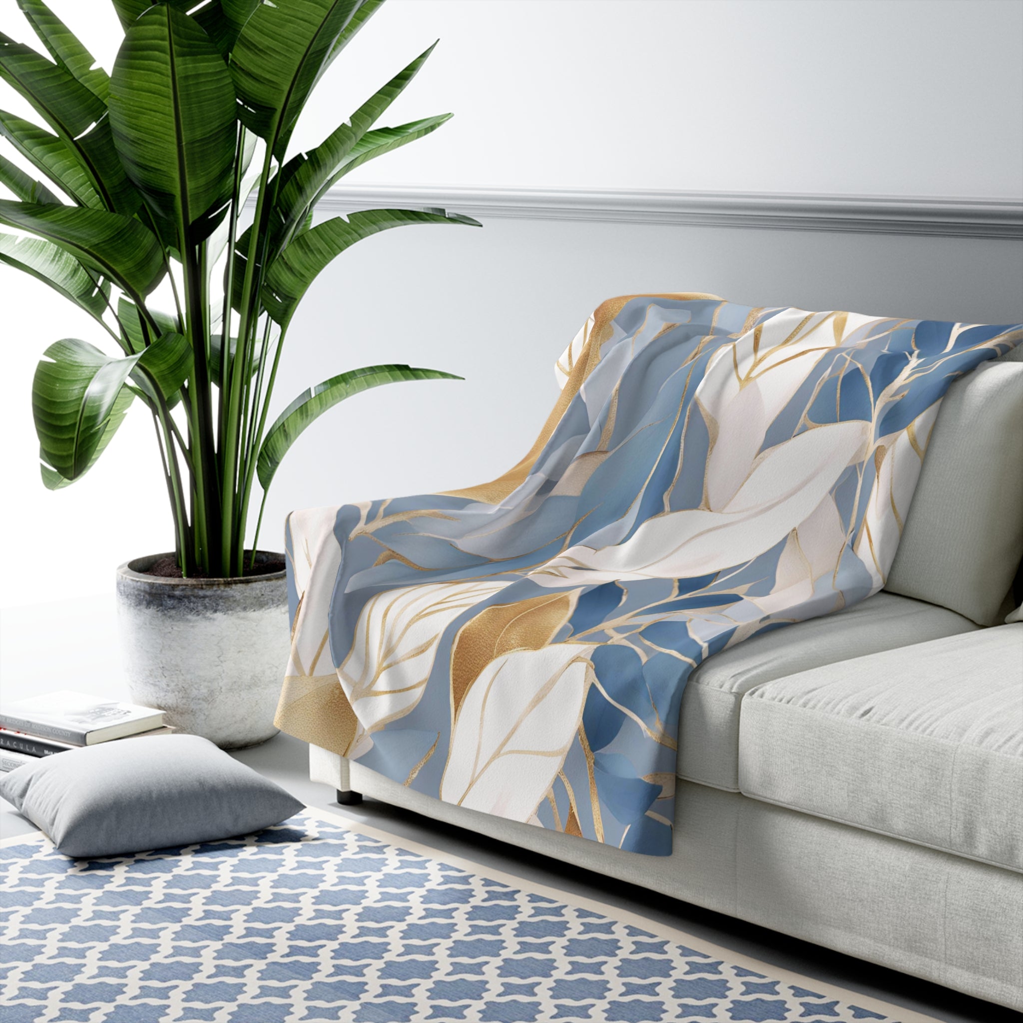 Abstract Floral Throw Blanket | Pale Blue, White Beige Leaves