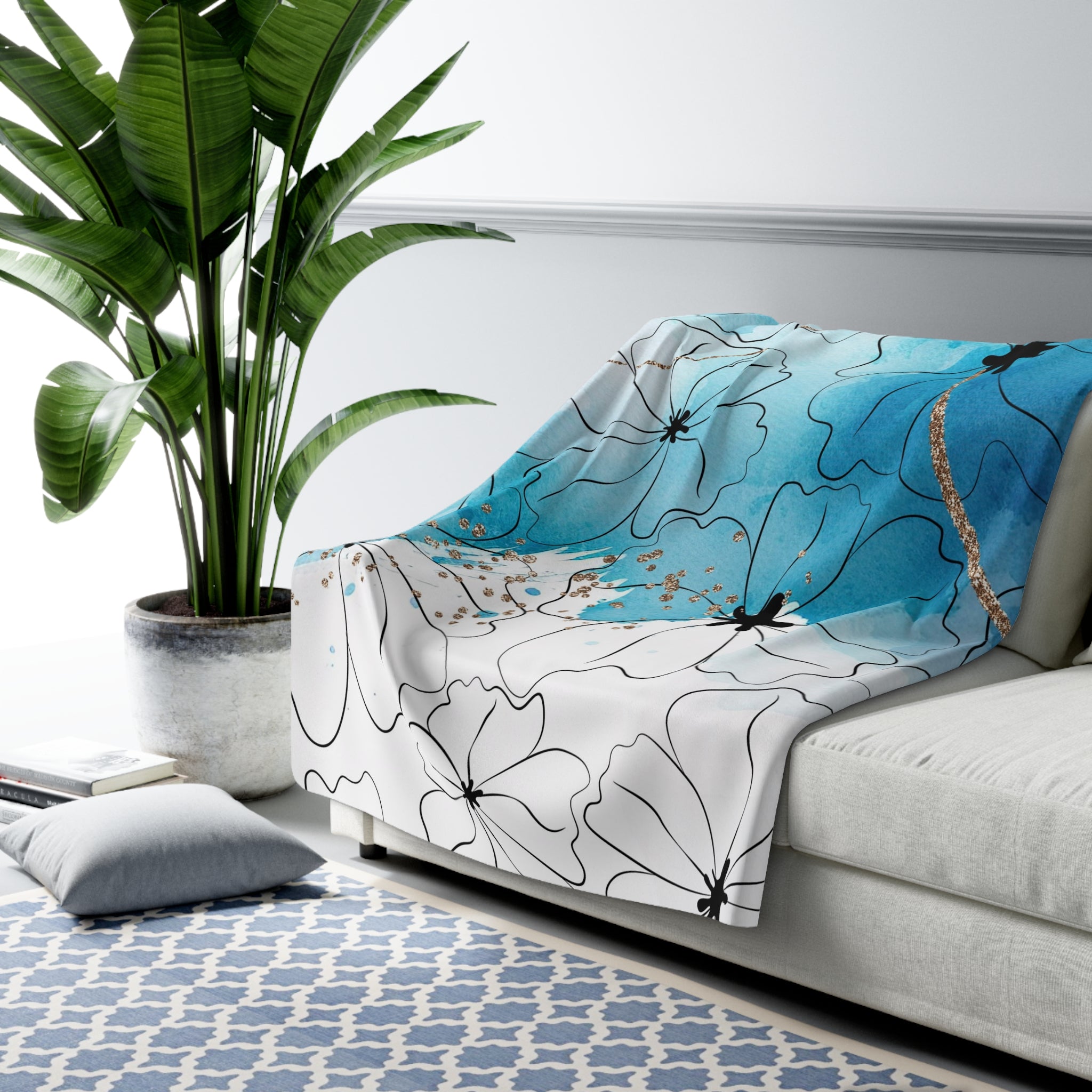 Abstract Throw Blanket | Teal Blue Ombre White Black