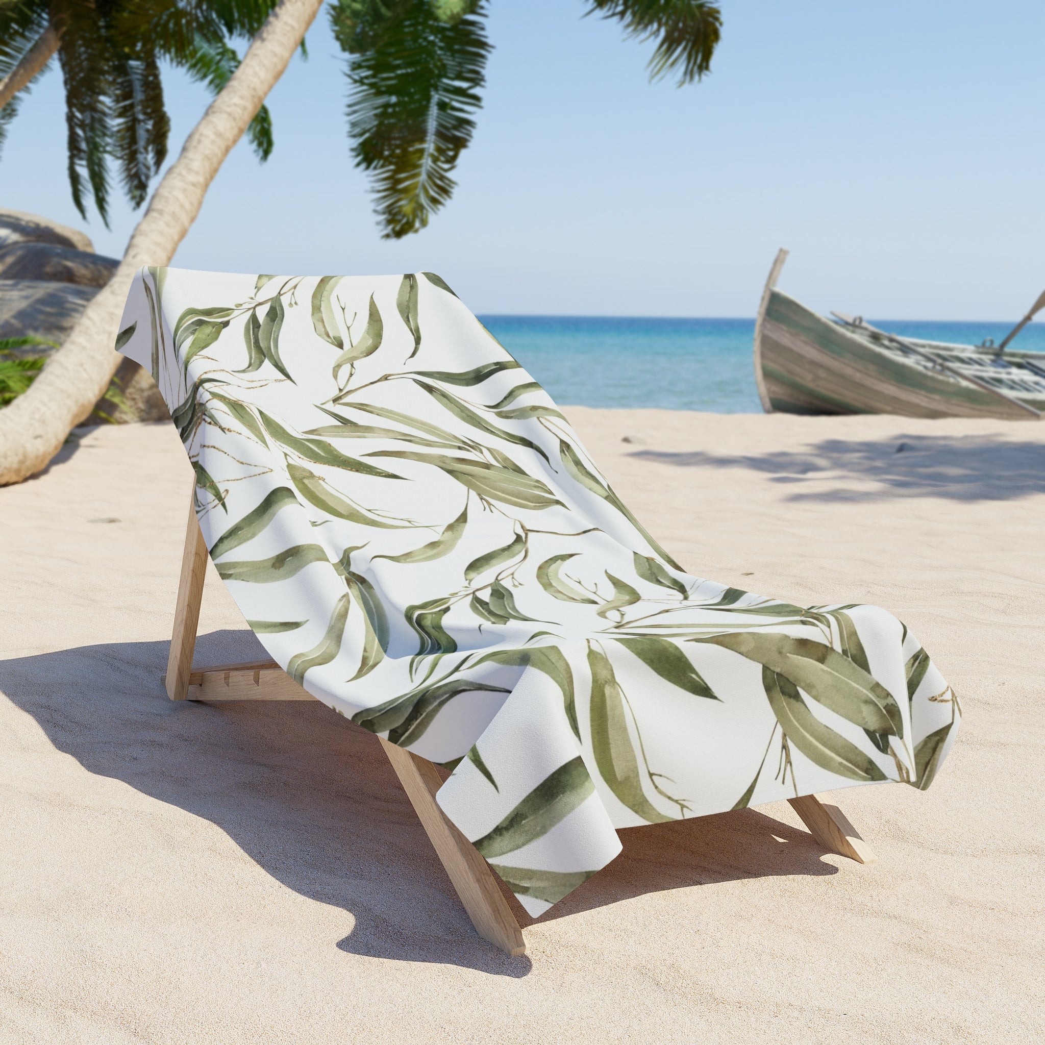 Bath Beach Towel | Boho Floral, Amalfi Olive Leaves, Green White