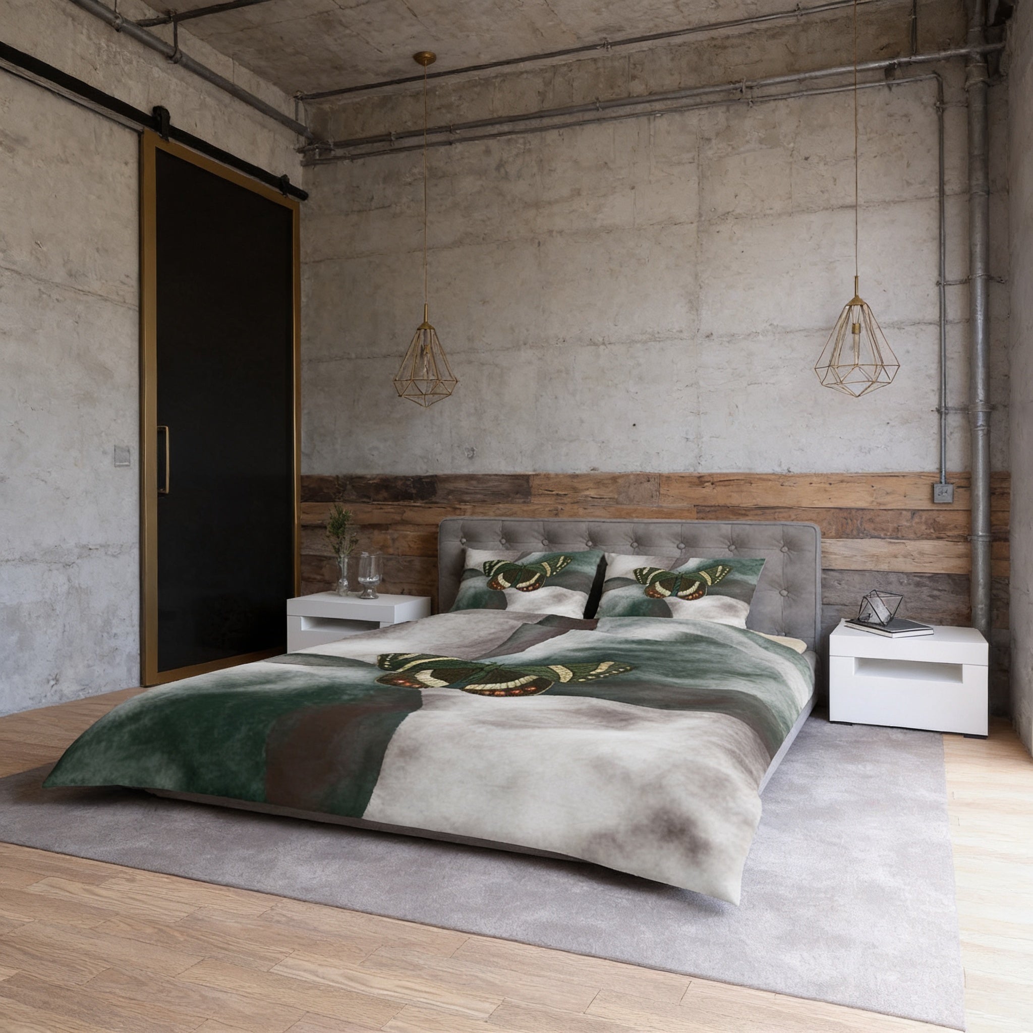 a modern bedroom with a large bed, wooden headboard, and a gray and green patterned comforter. The room has a concrete wall, wooden paneling, and pendant lights hanging above the bed.
