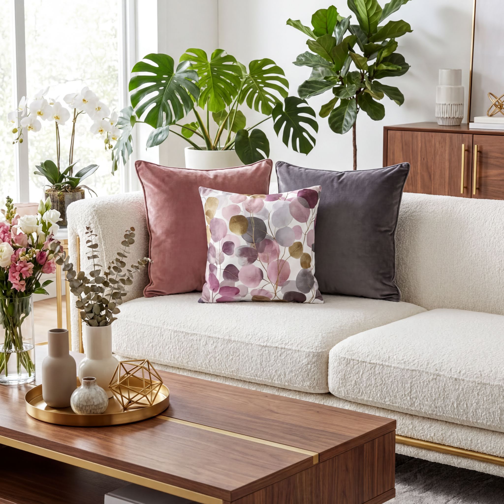 a cozy living room with a white sofa adorned with colorful throw pillows, a wooden coffee table, and various decorative elements such as vases and a geometric tray.
