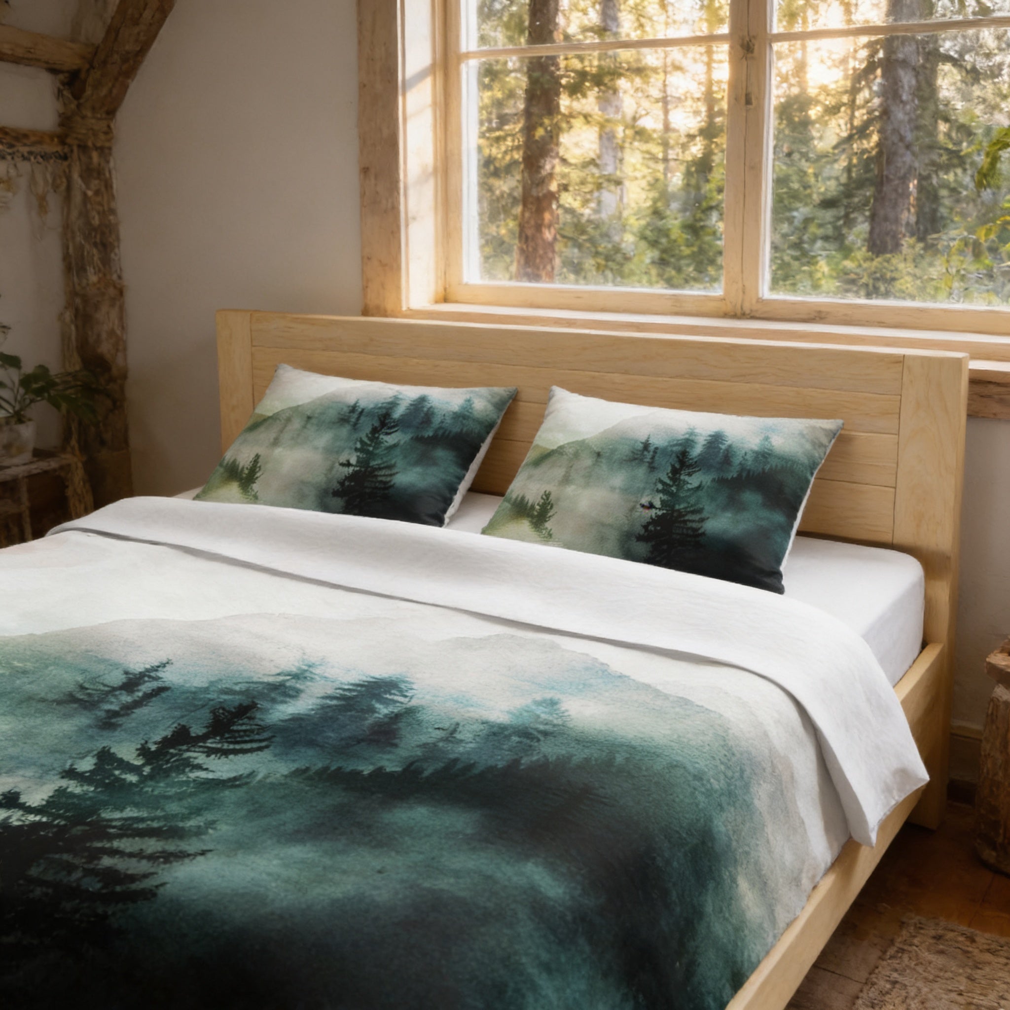 a serene bedroom scene with a bed covered in a white comforter featuring a mountain landscape design. The bed is positioned near a window that offers a view of a forest, creating a peaceful and natural atmosphere.