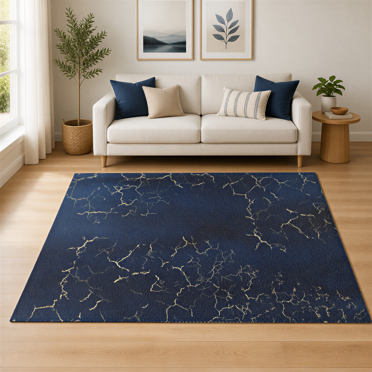 a living room with a white sofa, a blue and gold rug, and two framed pictures on the wall.