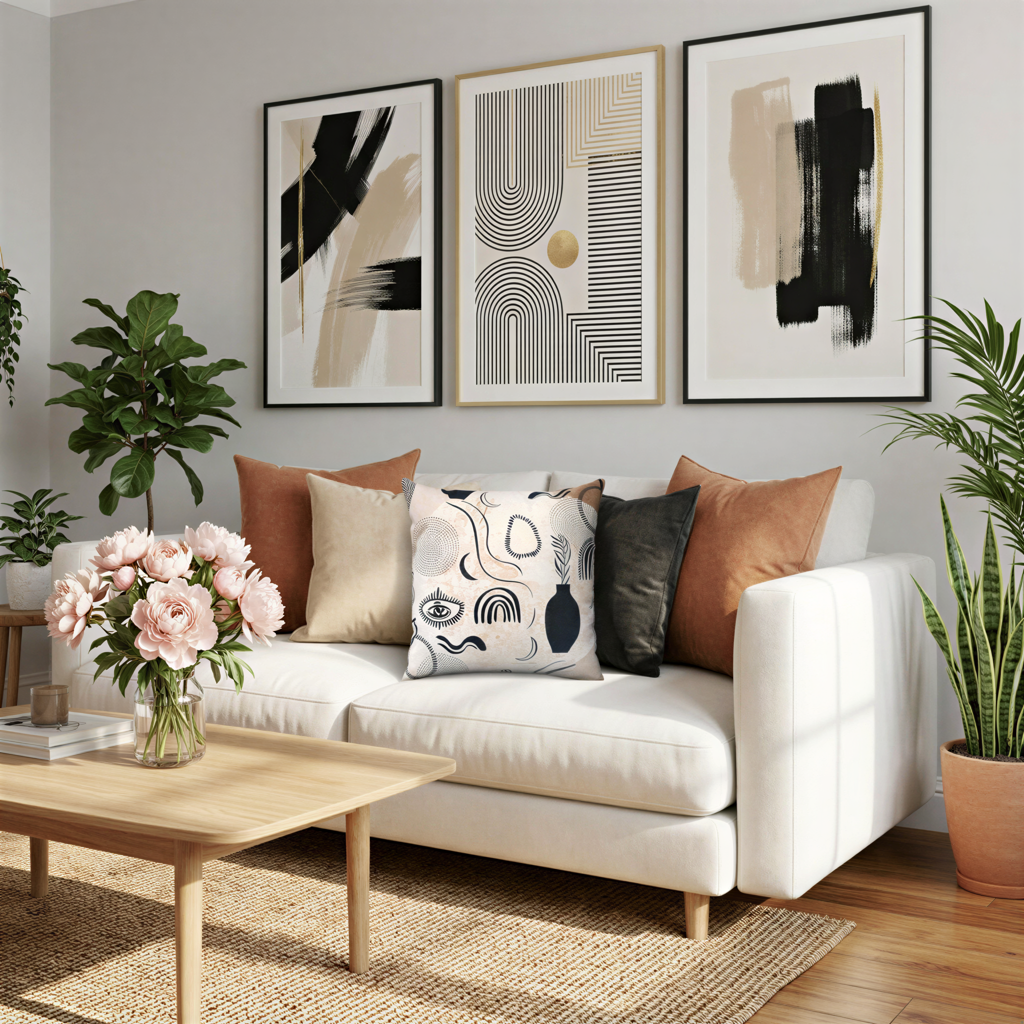a modern living room with a white sofa adorned with throw pillows and a vase of pink flowers on a wooden coffee table. The room is decorated with abstract artworks and potted plants, creating a stylish and inviting atmosphere.