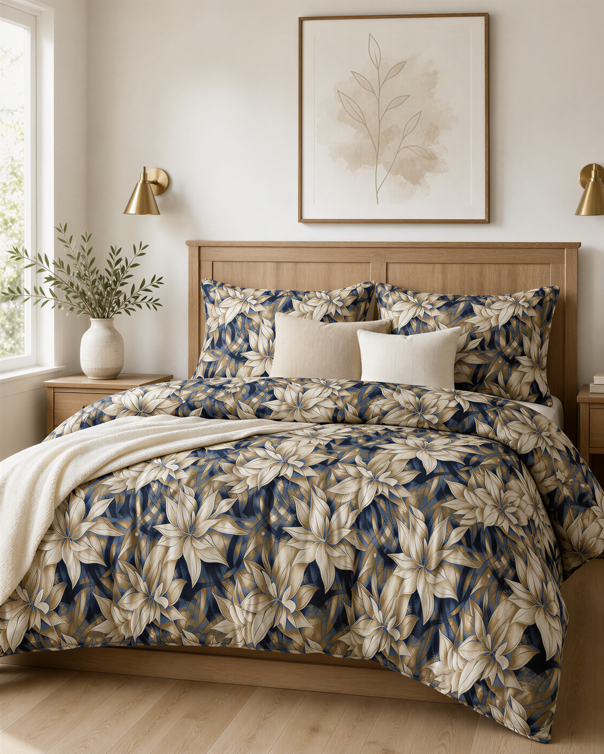 a well-decorated bedroom with a large bed featuring a blue and white floral comforter and matching pillows. The bed is framed by a wooden headboard, and a framed picture is displayed above it. The room also includes a nightstand with a vase of greenery and a lamp, creating a cozy and inviting atmosphere.