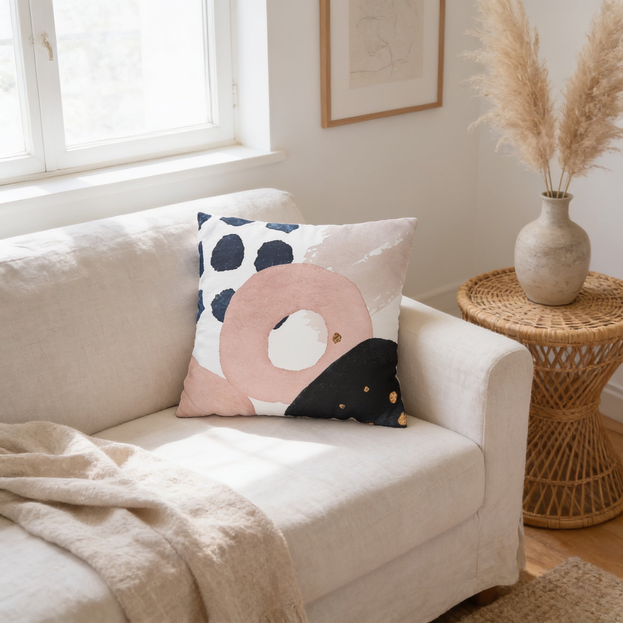 a cozy living room with a white sofa, a decorative pillow with a colorful abstract design, and a woven side table with a vase of pampas grass.
