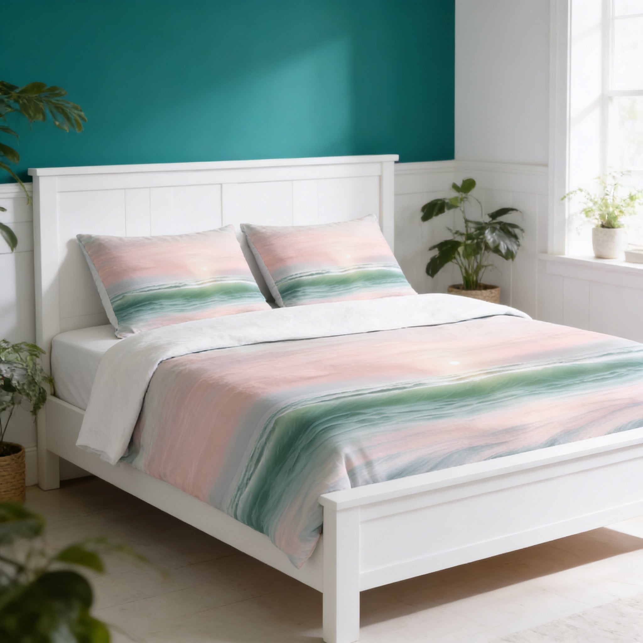 a serene and cozy bedroom with a white wooden bed frame, a colorful striped comforter, and a teal accent wall. The room is decorated with potted plants and a window, creating a warm and inviting atmosphere.