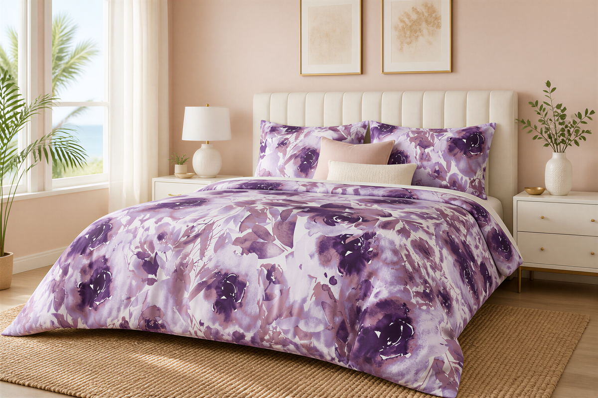 a bedroom with a large bed covered in a purple and white floral comforter. The bed is framed by white headboard and nightstands, and there are two framed pictures on the wall above the bed. The room has a window with curtains, and there are two potted plants in the space.