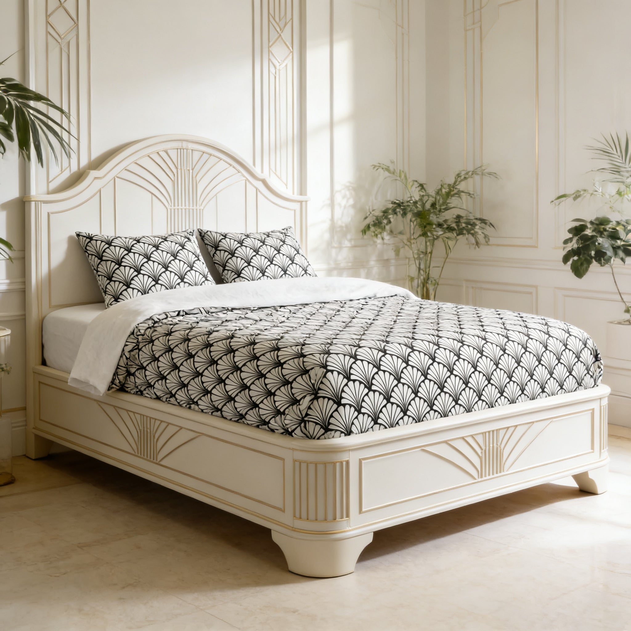 a large, white bed with a black and white patterned bedspread and matching pillows. The bed is set against a backdrop of white walls and a window, creating a bright and airy atmosphere.