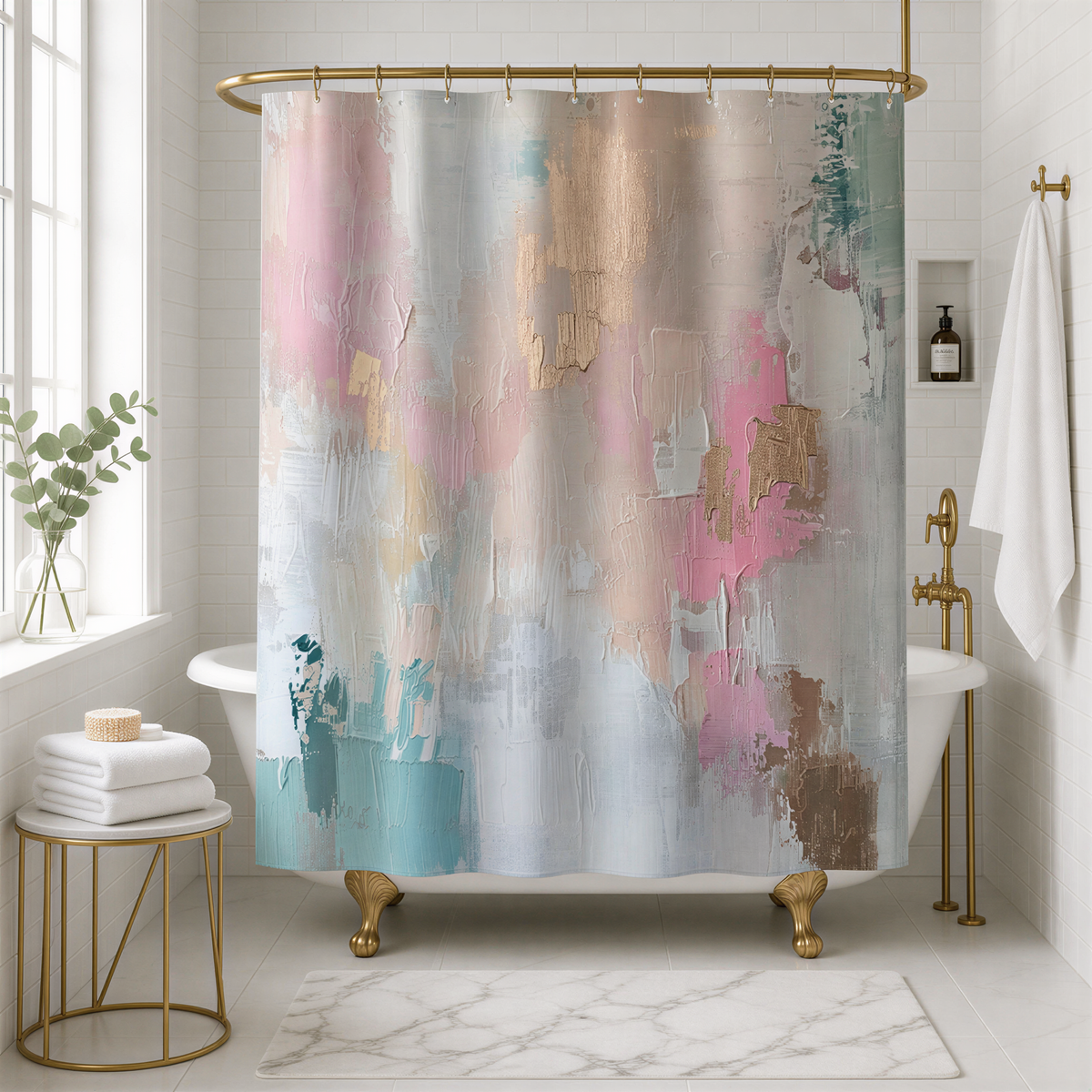 a bathroom with a white bathtub, a shower curtain with a colorful abstract painting, and a small table with a plant.