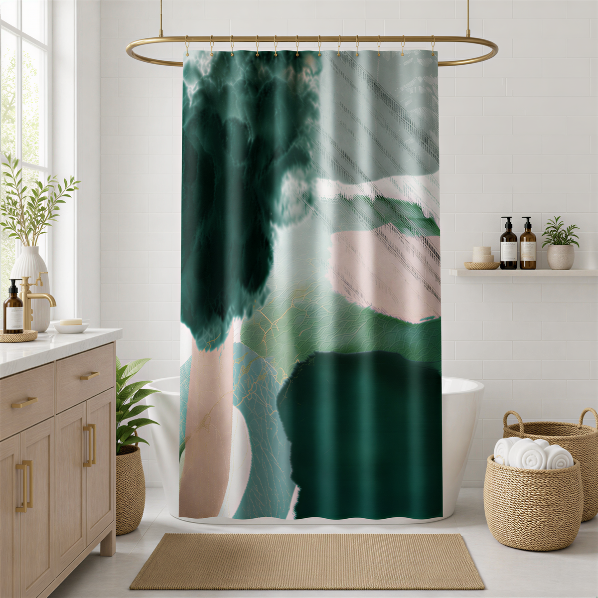 a bathroom with a large green and pink abstract painting hanging from a gold rod above a white bathtub. The bathroom has a white countertop, a wooden cabinet, and a woven basket on the floor. There are also several bottles and plants in the bathroom, adding to the overall aesthetic.