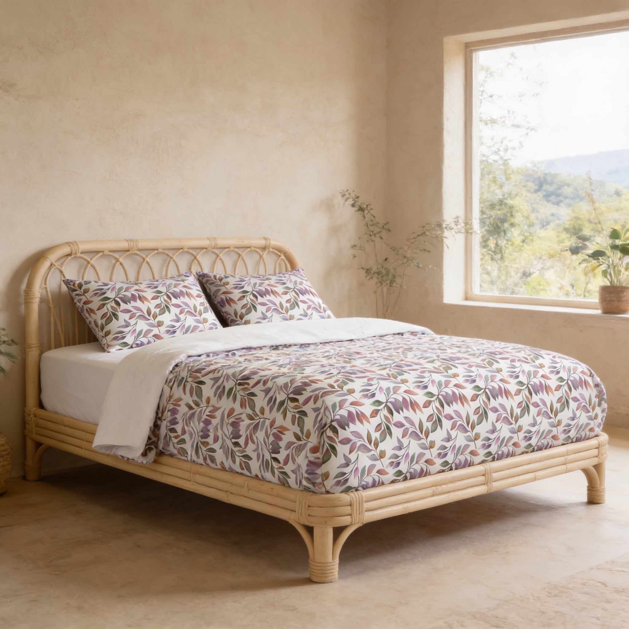 a serene bedroom scene with a bed featuring a white and purple floral comforter and matching pillows. The bed is positioned against a wall with a window, allowing natural light to fill the space. A potted plant is visible on the windowsill, adding a touch of greenery to the room.