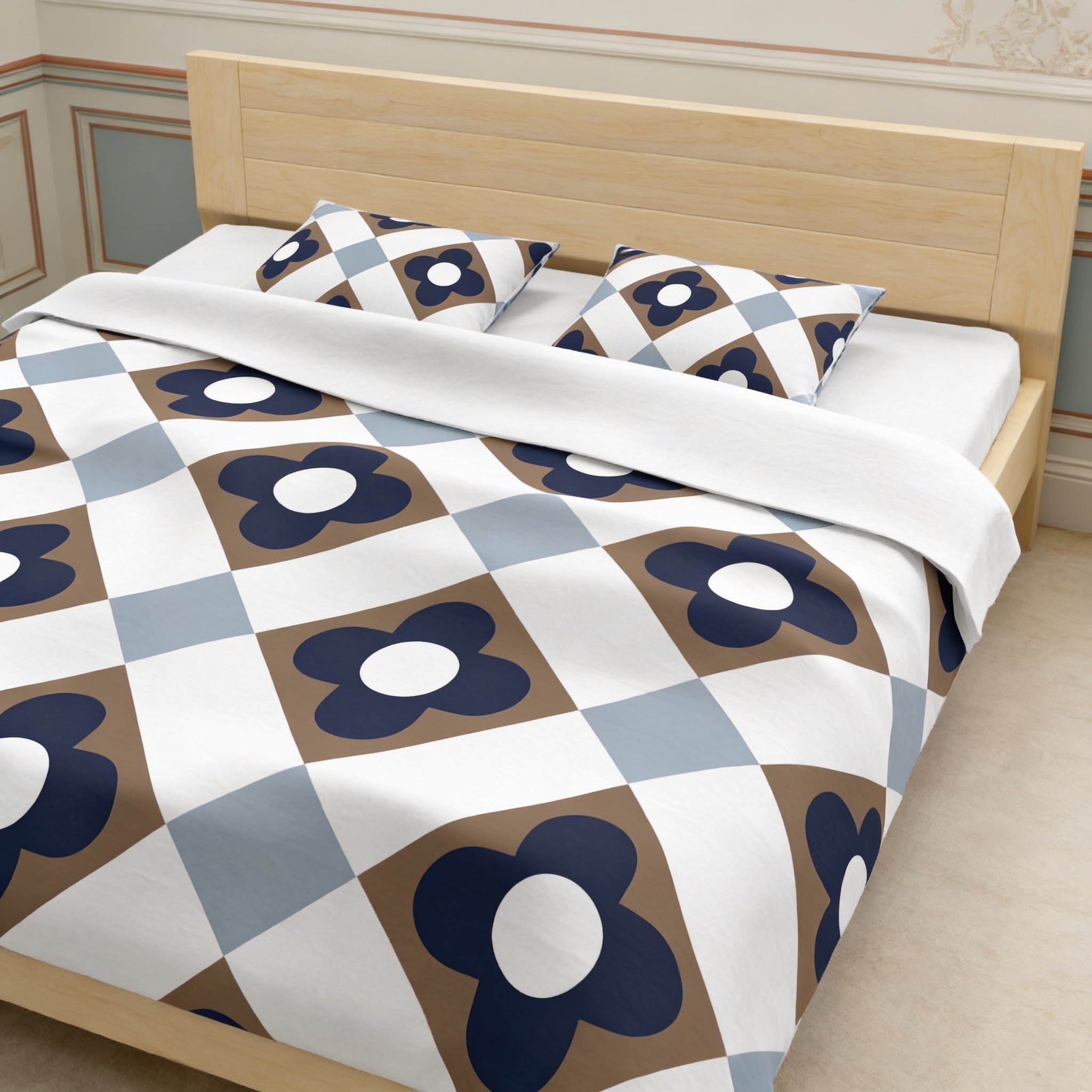 a bed with a white and blue floral patterned comforter and pillows.