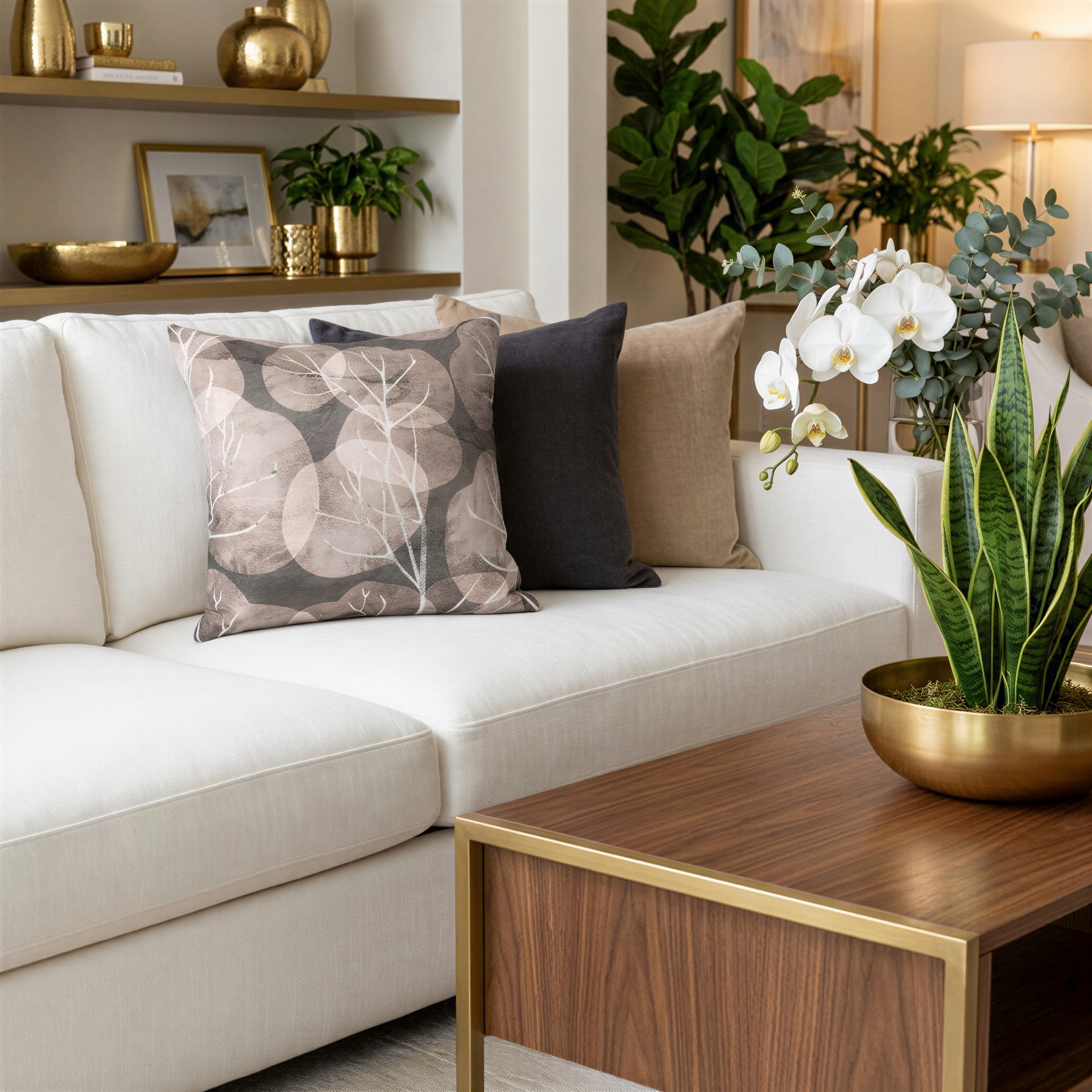 a well-decorated living room with a white sofa, a wooden coffee table, and various decorative elements such as potted plants and vases.