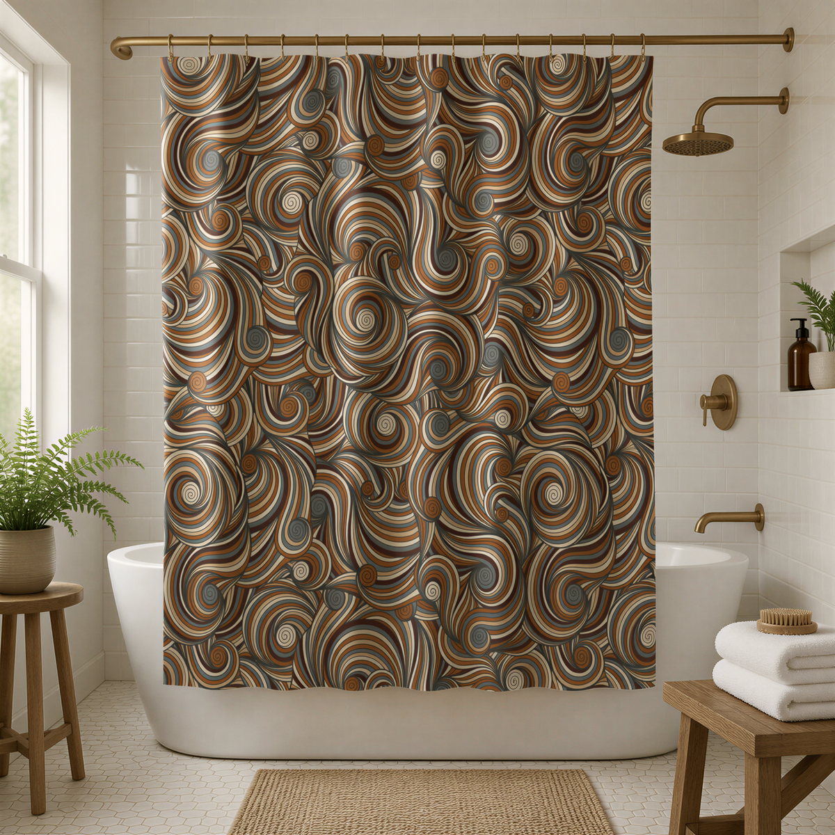 a bathroom with a shower curtain adorned with a swirling pattern in shades of brown, orange, and gray. The shower curtain is hanging from a rod above a white bathtub, which is situated in the center of the room. The bathroom also includes a wooden stool, a potted plant, and a rug on the floor.