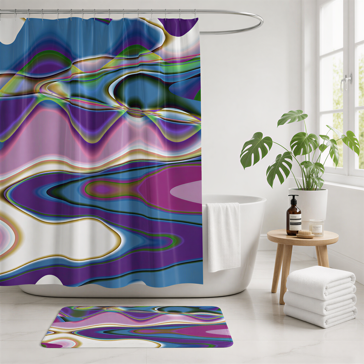 a bathroom with a colorful abstract pattern on the shower curtain, a white bathtub, a potted plant, and a small table with a bottle of soap.