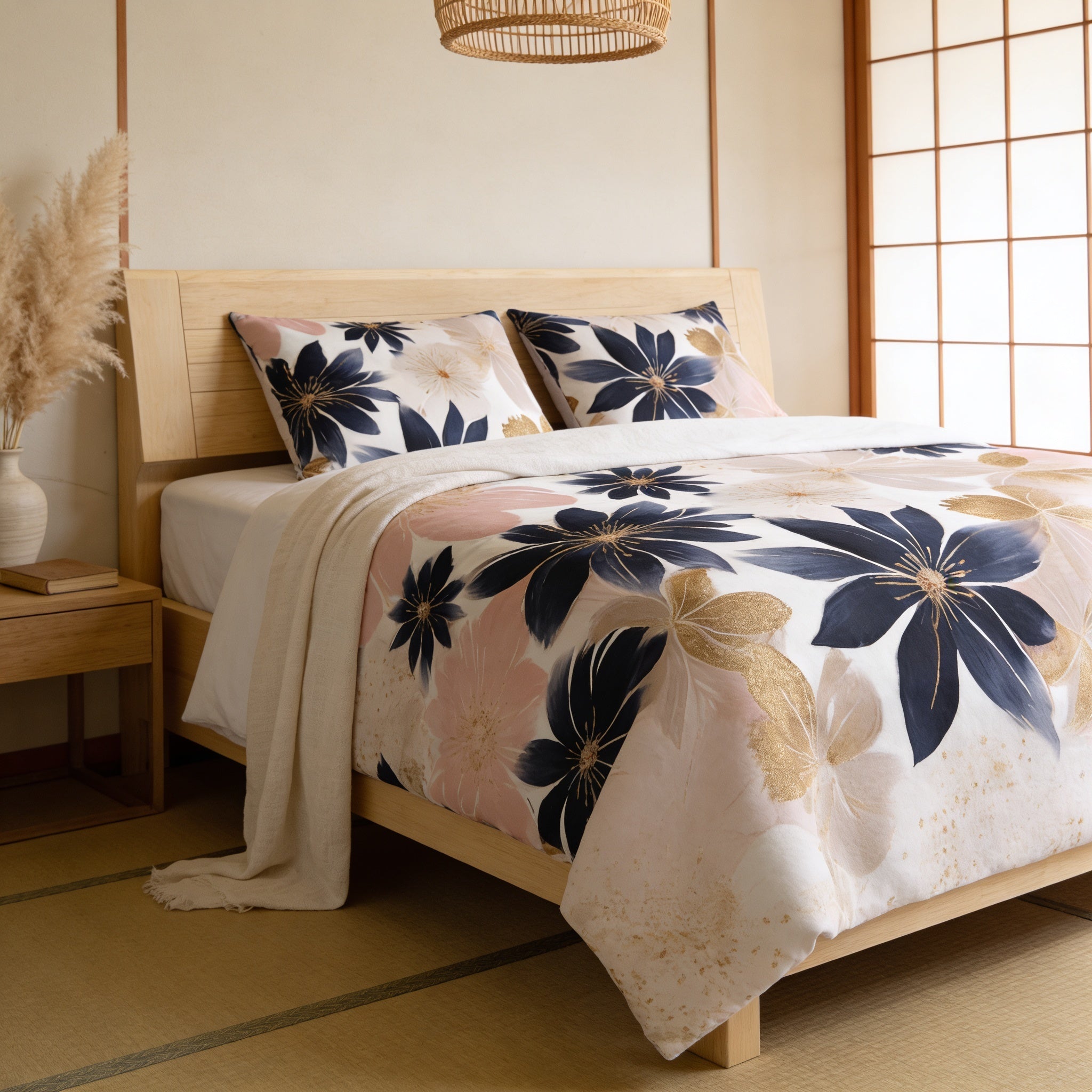 a serene and cozy bedroom with a large bed adorned with a floral comforter and pillows. The bed is positioned against a wall with a window, allowing natural light to fill the space. The room also features a wooden headboard and a woven light fixture, adding to the overall aesthetic.