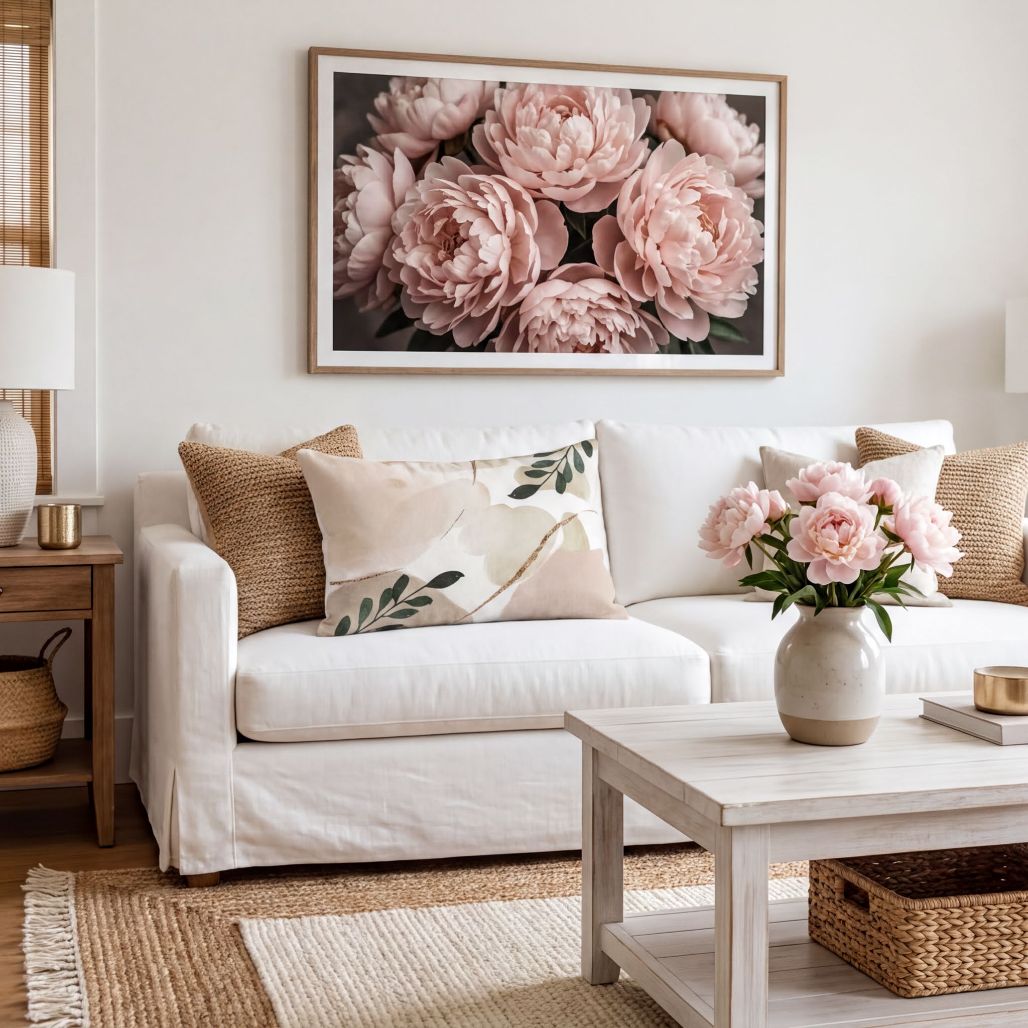 a cozy living room with a white sofa, a wooden coffee table, and a framed floral artwork hanging on the wall above the sofa.