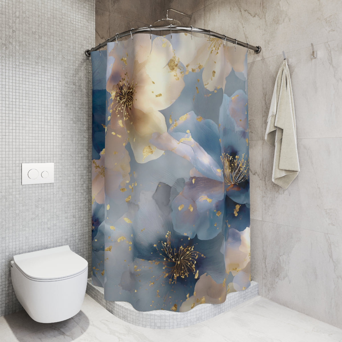 a bathroom with a shower curtain adorned with a floral pattern in shades of blue, pink, and gold. The shower curtain is hanging from a rod next to a towel rack. The bathroom also includes a toilet and a sink.
