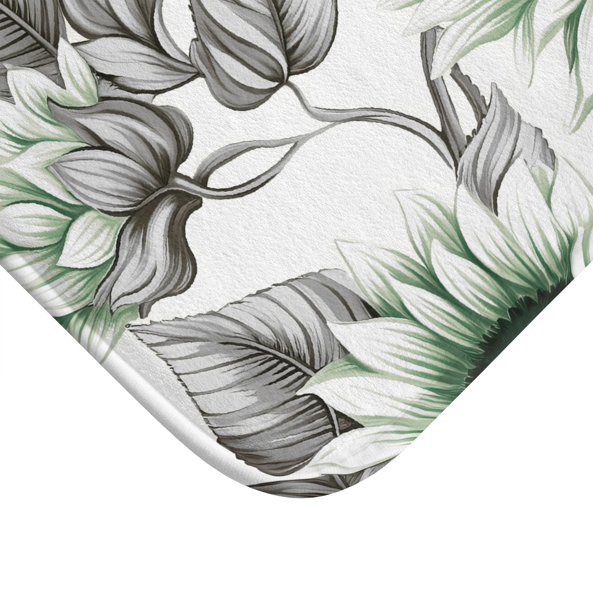 Boho Floral Bath Mat | Sage Green White Grey Sunflowers Kitchen Mat