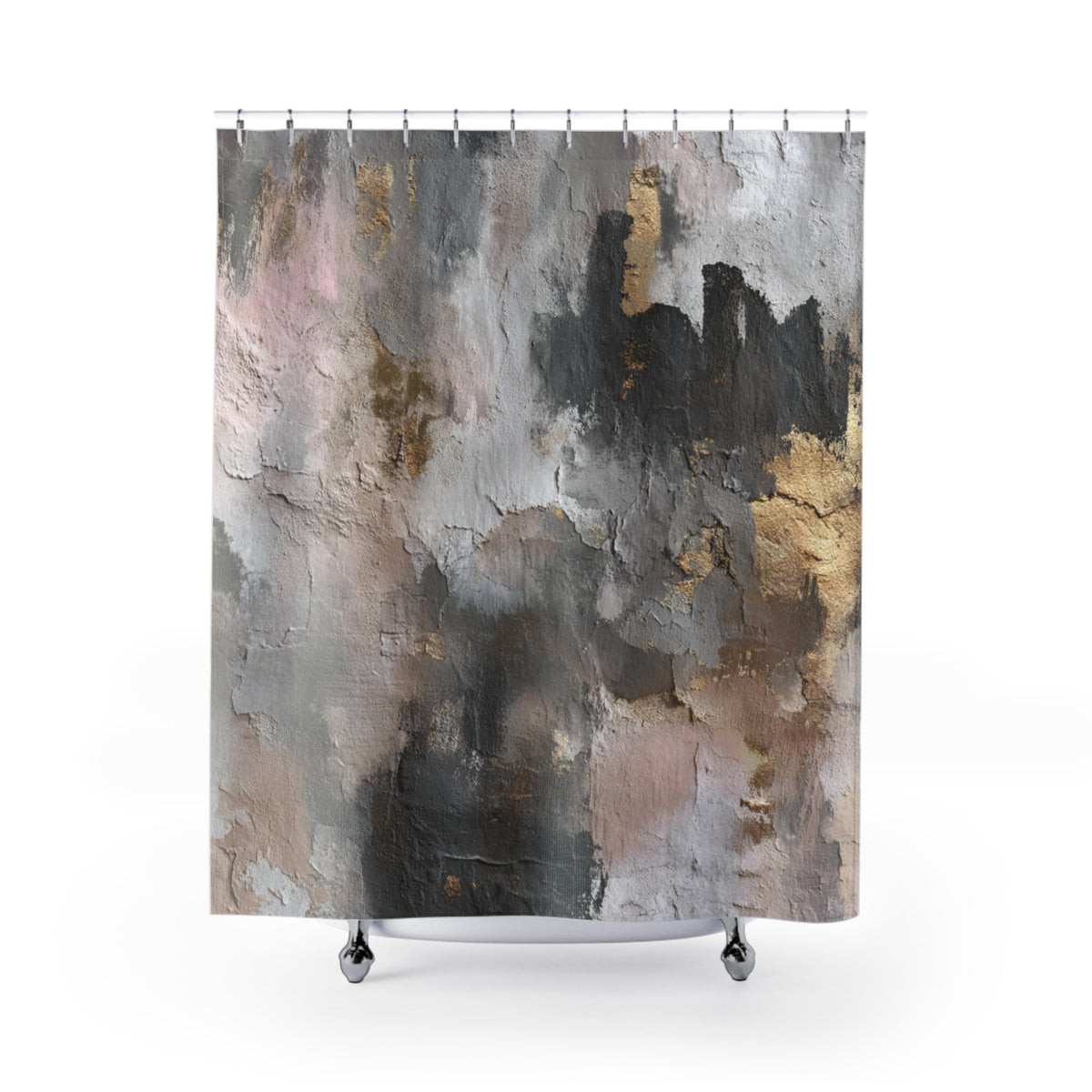 a shower curtain with a textured abstract painting design in shades of gray, black, and gold.