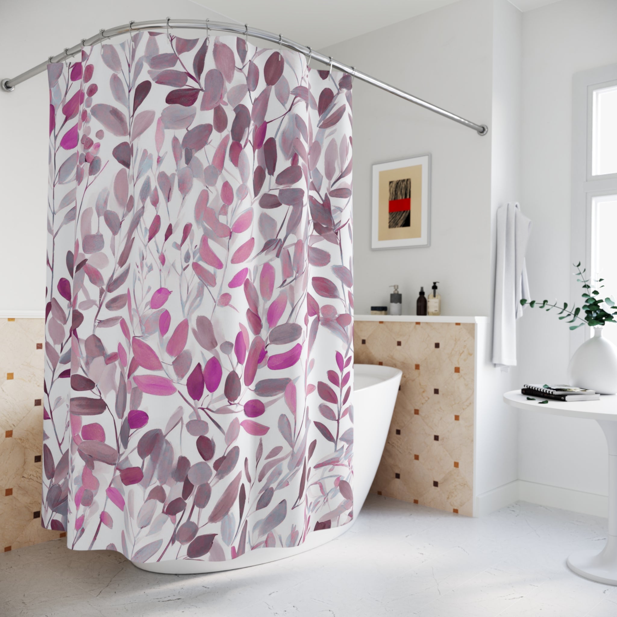 Floral Shower Curtain | Abstract Leaves, White Pink Grey