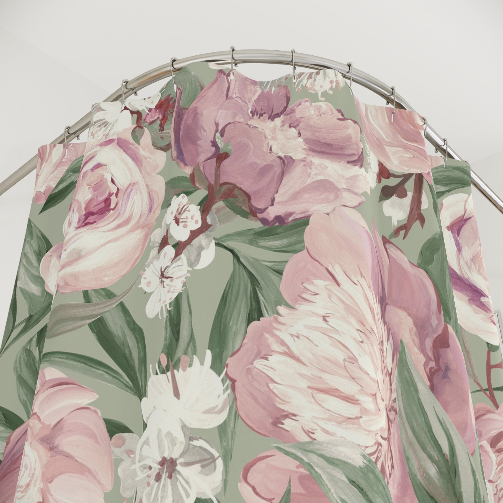 Mauve Peony Floral Shower Curtain | Sage Green Vintage Botanical Bathroom Decor